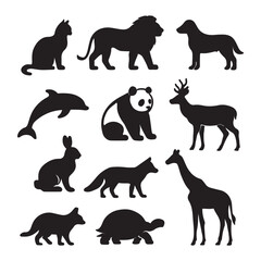 Collection of  minimalist black animal silhouettes: cat, lion, dog, dolphin, panda, deer, rabbit, fox, giraffe, tortoise, and two canids.
