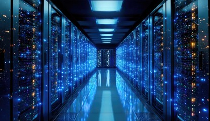 Dark server room, glowing blue tech