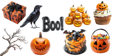 A set of different Halloween-themed items isolated on a transparent PNG background. Pile of Halloween pumpkins, pumpkin bucket with sweets, crow, tree branch, gift with Halloween print