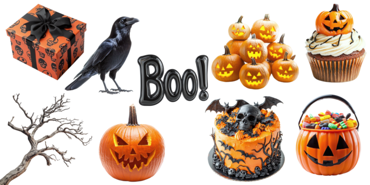 A set of different Halloween-themed items isolated on a transparent PNG background. Pile of Halloween pumpkins, pumpkin bucket with sweets, crow, tree branch, gift with Halloween print