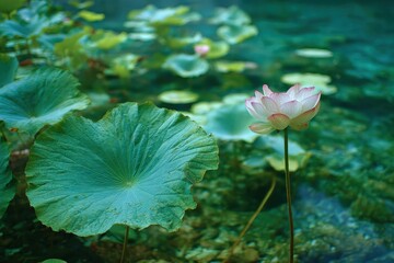 Pink lotus and green leaves in clear turquoise water are naturally stunning. Perfect for nature blogs or representing serenity and spiritual enlightenment.