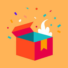 Open gift box with confetti and surprise