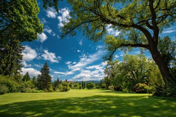 Green meadow with trees and blue sky dotted with clouds on sunny summer day. Ideal image to convey serenity, nature, tranquility, and outdoor recreation.