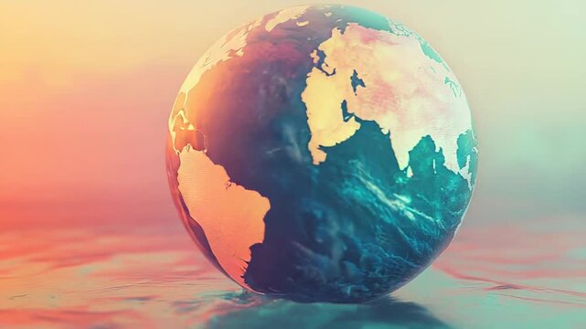 Planet earth floating on water with colorful sky - Powered by Adobe