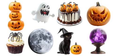 Set of Halloween elements on transparent background PNG. Moon, magic ball, ghost, Halloween pumpkins, cupcake, cake