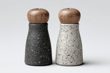 Two stoneware salt and pepper shakers with wooden tops on white. Useful for seasoning product shots or minimalist kitchen concepts.