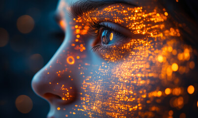 Close up of human eye with digital orange data visualization overlay on face representing futuristic biometric technology and artificial intelligence concept