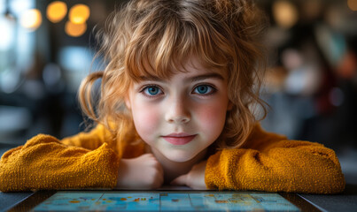 Closeup portrait of smiling little girl with blue eyes resting chin on crossed arms wearing yellow sweater in soft indoor lighting with blurred background