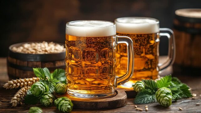 Cold beer mugs with foam on top and fresh hops and barley on a rustic wooden table