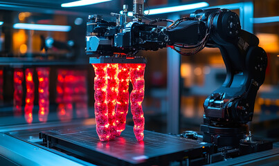 Advanced robotic arm manipulating flexible translucent red silicone material in high-tech industrial automation setting with blue ambient lighting and smart manufacturing environment