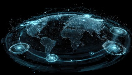 Global network map, glowing world map with connecting lines and energy points
