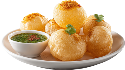 Pakistani spicy gol gappay, indian pani puri and bangali fuchka full of chaat masala with sour water in a dish isolated on marble background top view of indian street food