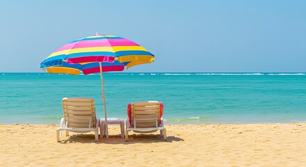 Obraz premium Tropical beach scene with colorful umbrella and two lounge chairs seaside