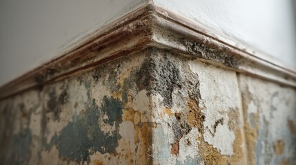 Close-up shows damaged wall paint with mold and crumbling plaster detail. Use to illustrate renovation needs, decay, or the effects of water damage.