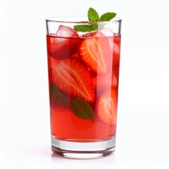 Refreshing strawberry cocktail with ice and mint garnish in a glass on white background