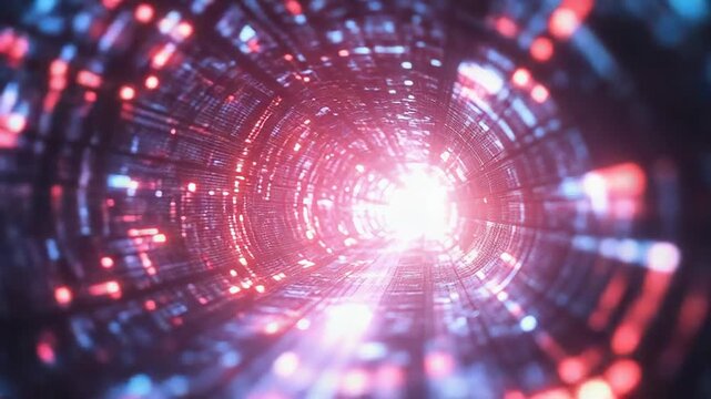 Digital tunnel transforming into glowing light with binary code data flow