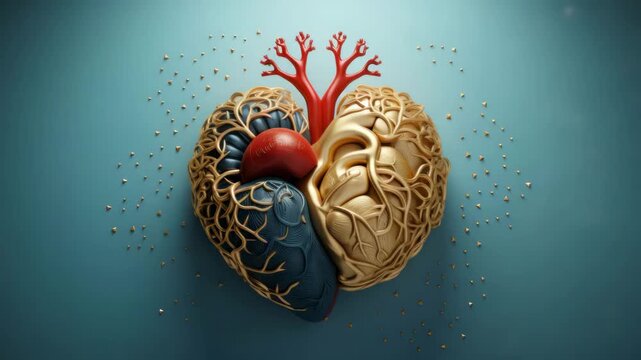 A detailed anatomical model of a human heart with colorful sections and vascular structures on a teal background