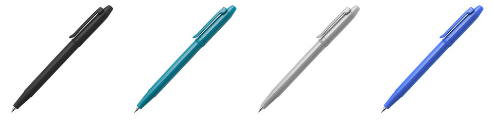 Set of four solid color pens with clips isolated on transparent background