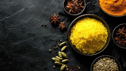 Yellow rice and spices on dark stone