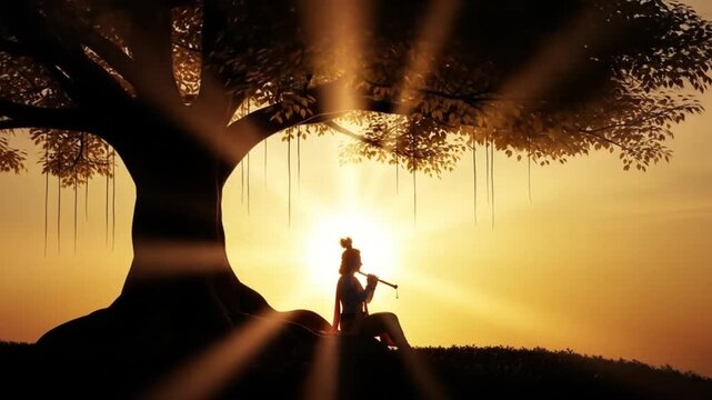 Serene Silhouette of Krishna Playing Flute Under Banyan Tree at Golden Hour Sunrise