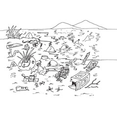 Cute cartoon hand drawn vector Sea garbage in polluted water outline.