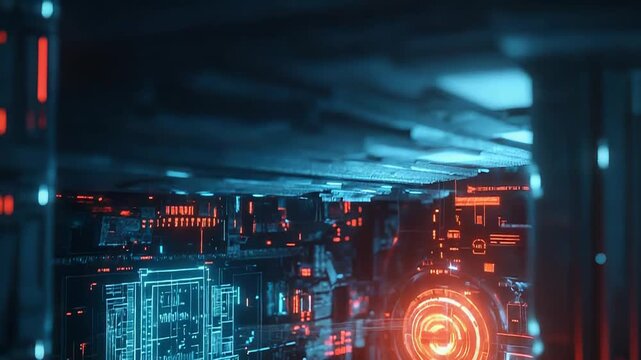 Futuristic server room processing data with hud interface and data processing - Powered by Adobe