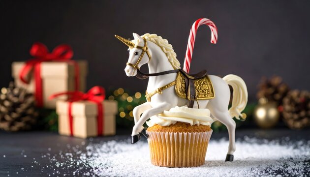 Unicorn cupcake with candy cane Christmas decoration on dark background.