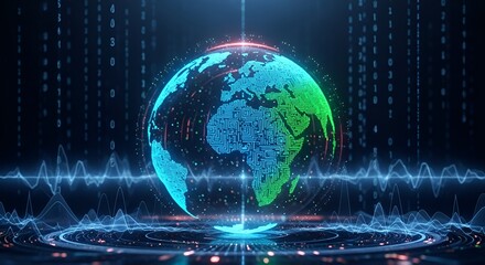 A glowing digital globe surrounded by data streams and energy waves, representing global connectivity and information.
