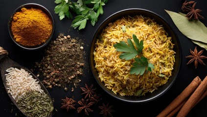 Aromatic yellow rice dish surrounded by various spices and herbs on a dark background