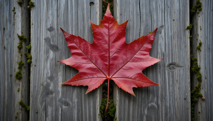 A flattened red maple leaf pressed between two raised planks of gray reclaimed wood. Moss creeps along the edge, and the wood’s texture shows deep cracks.