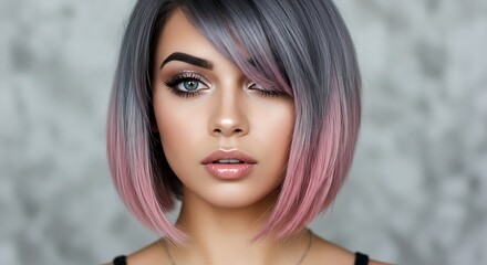 Vibrant gray and pink hair on a sleek bob, beautifully framing a woman's expressive blue eyes.

