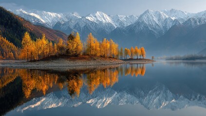 Fototapeta premium Tranquil autumn lake reflecting snow-capped mountains. A serene landscape of a calm lake mirrored by vibrant autumn foliage. 