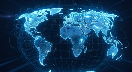 A glowing, digital representation of the world map, highlighting global connectivity.