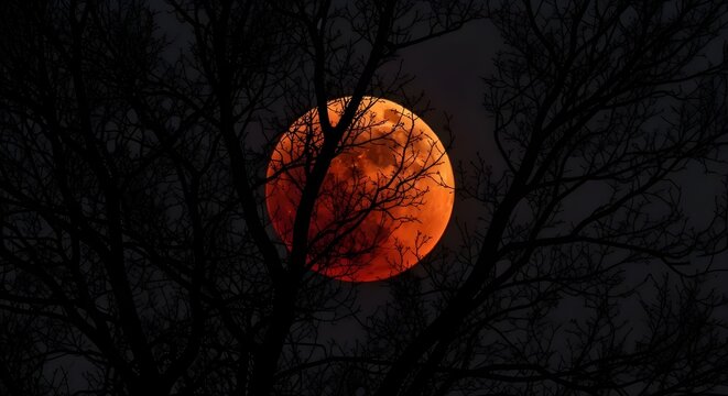 Blood moon rising behind silhouetted branches of leafless trees at night.