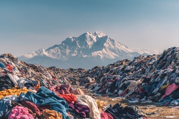 Textile waste fills the foreground, majestic mountains in the distance. Shows environmental impact, ethical fashion, and consumerism issues.