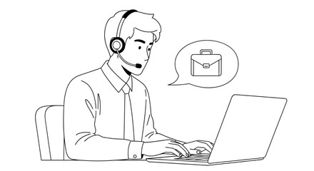 Person wearing headset working on laptop briefcase icon in speech bubble Business Office Communication
