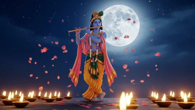 Serene Lord Krishna Plays Flute Under Full Moon Amidst Falling Petals and Diyas