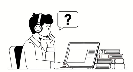 A person wearing a headset sits at a desk with a laptop and a stack of books a question mark speech bubble above their head