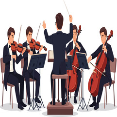  Elegant vector of a conductor leading an orchestra with musicians, on a transparent background. Perfect for concert posters, music event ads, educational visuals, and creative designs.