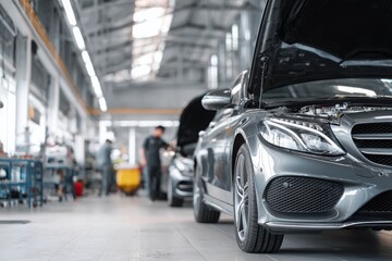 Modern car being serviced in a clean, well-lit automotive workshop auto service garage, showcasing maintenance, diagnostics, and mechanical repair environment.