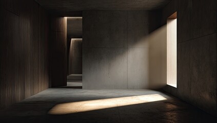 Empty concrete room, light rays from window.  Wooden panels