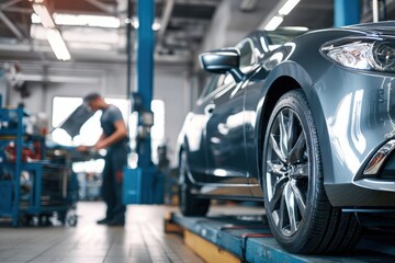 Modern car being serviced in a clean, well-lit automotive workshop auto service garage, showcasing maintenance, diagnostics, and mechanical repair environment.