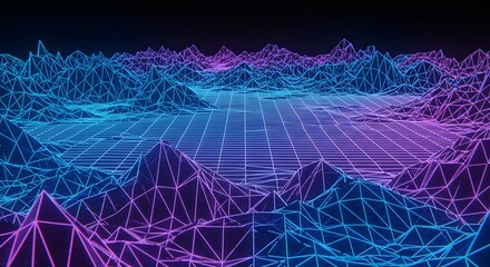 A retro-futuristic digital landscape of neon purple and blue wireframe mountains surrounding a glowing grid plain.