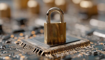 Golden padlock sits atop a complex circuit board