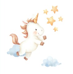 Cute Watercolor Unicorn Flying Among the Stars