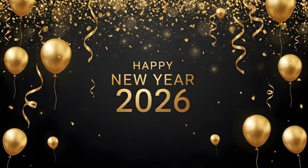 Golden Celebration Balloons and Confetti for Happy New Year 2026