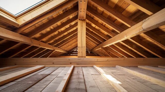 The interior view of a wooden attic with exposed beams and sloped roof structure