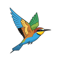 Obraz premium Colorful bird with outstretched wings flying against a white background.