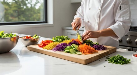 A professional chef in a white uniform chops a vibrant rainbow of fresh vegetables on a large wooden cutting board.