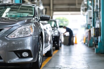 Modern car being serviced in a clean, well-lit automotive workshop auto service garage, showcasing maintenance, diagnostics, and mechanical repair environment.